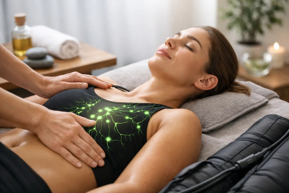 Lymphatic drainage massage improving lymphatic flow, with compression boots in a home recovery space