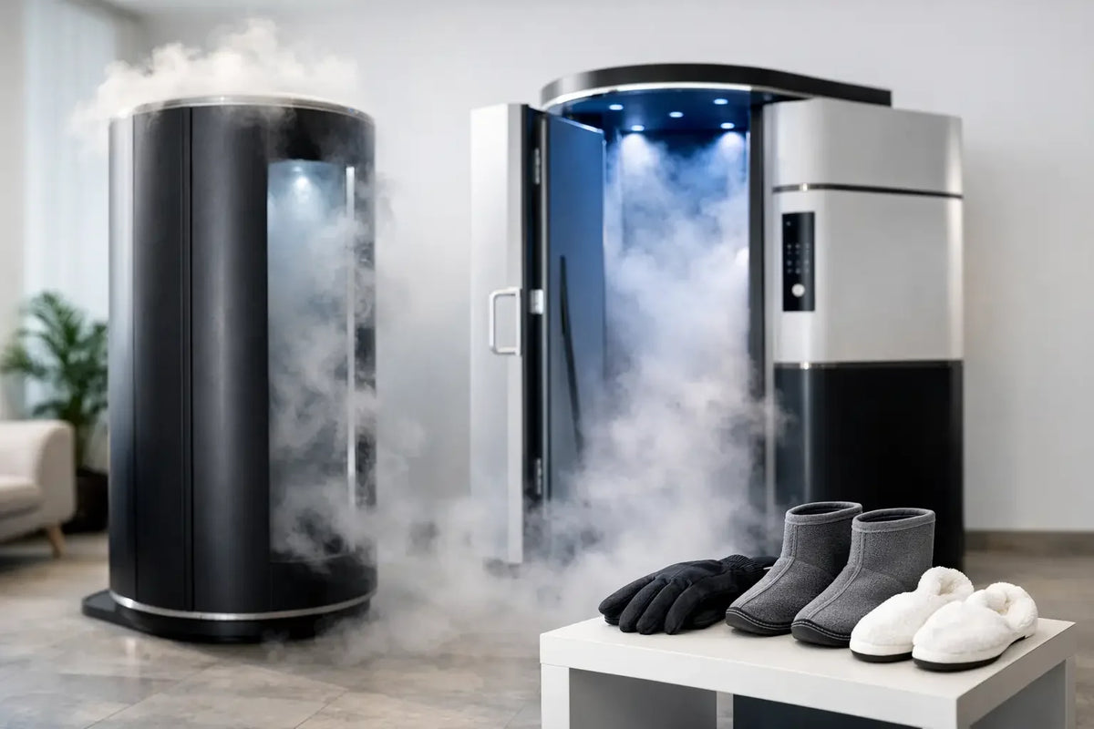 Electric and nitrogen cryotherapy chambers releasing cold vapor beside gloves, booties, and slippers in a wellness recovery space