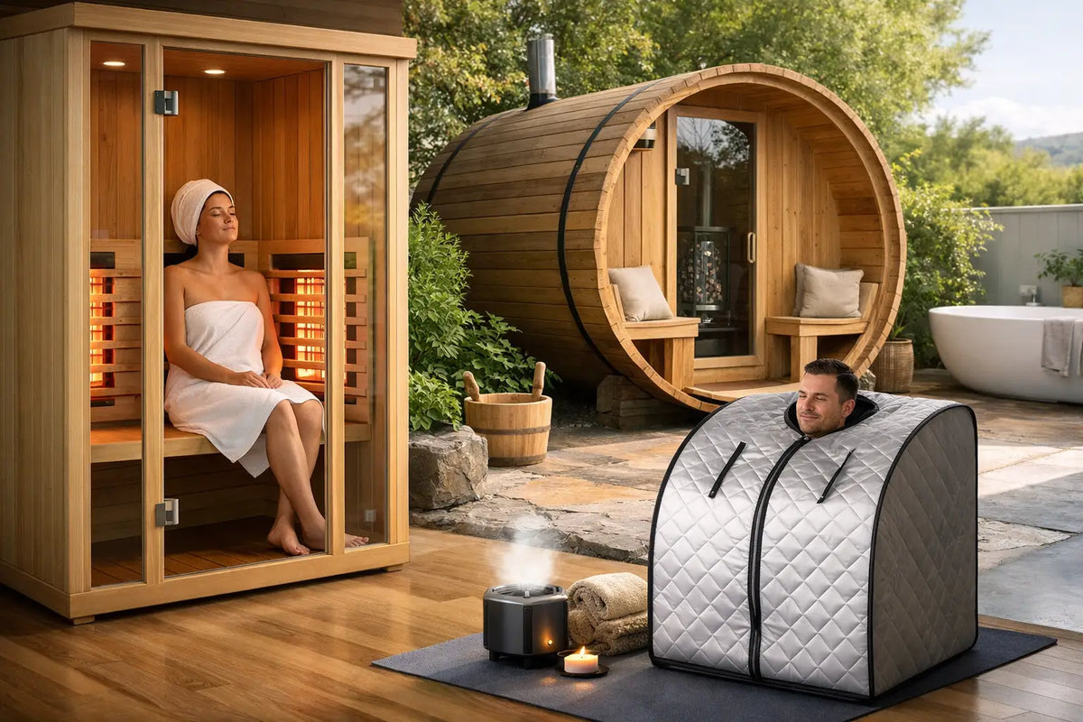 Indoor infrared sauna, outdoor barrel sauna, and portable sauna pod showing personal sauna options for home use