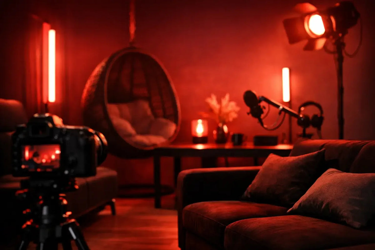 Red light studio setup with camera, microphone, and lounge seating in warm ambient lighting
