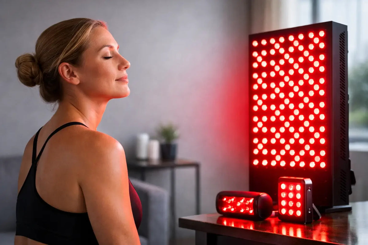 A woman relaxes in front of a full-body red light therapy panel, with a handheld device and compact panel on the table nearby