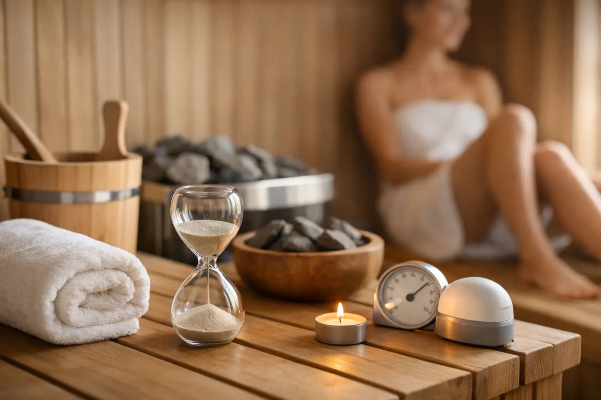 Sauna timer, hourglass, and towel on a wooden bench with a person relaxing in a traditional sauna