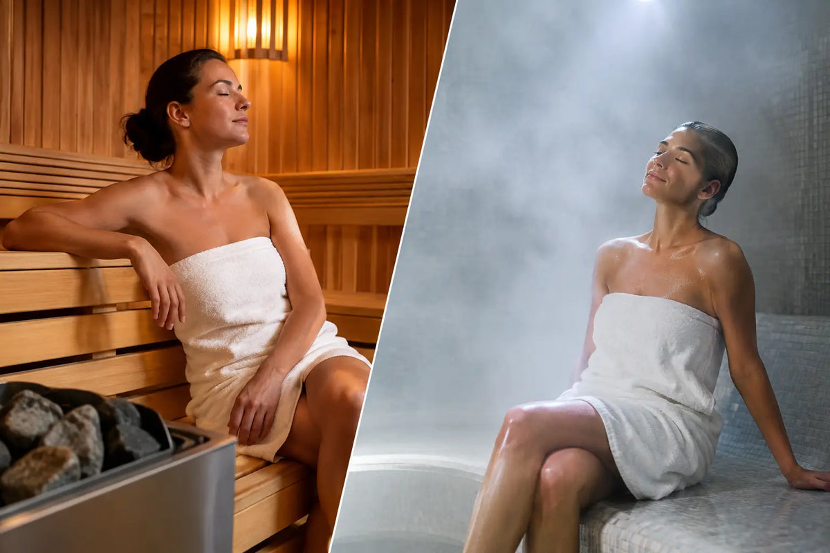 Glass-enclosed steam room with tiled walls and bench seating in a spa-style wellness suite