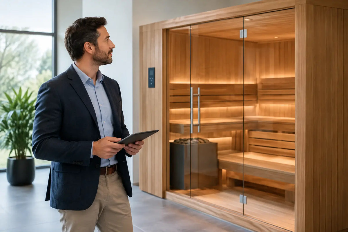 Facility manager reviewing a glass-front commercial sauna with a tablet in a modern wellness space