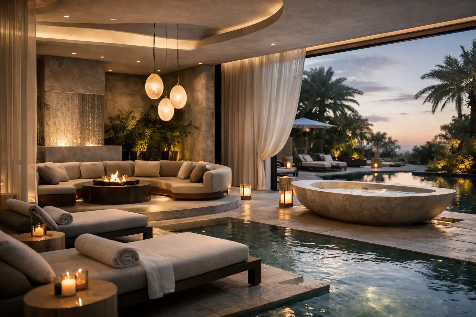 Outdoor luxury spa lounge at dusk with a fire pit seating area, stone soaking tub, and pool overlooking palm trees