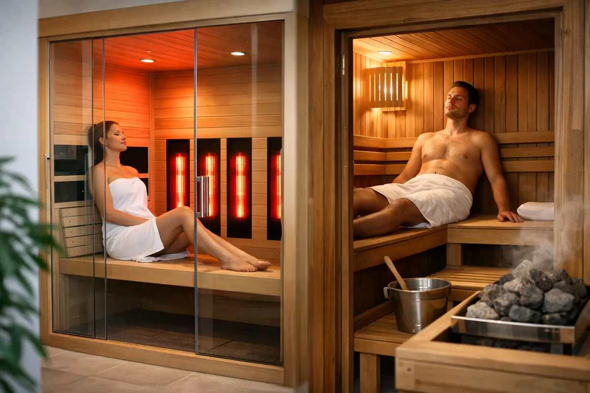 Split image comparing an infrared sauna and a traditional sauna for home wellness spaces