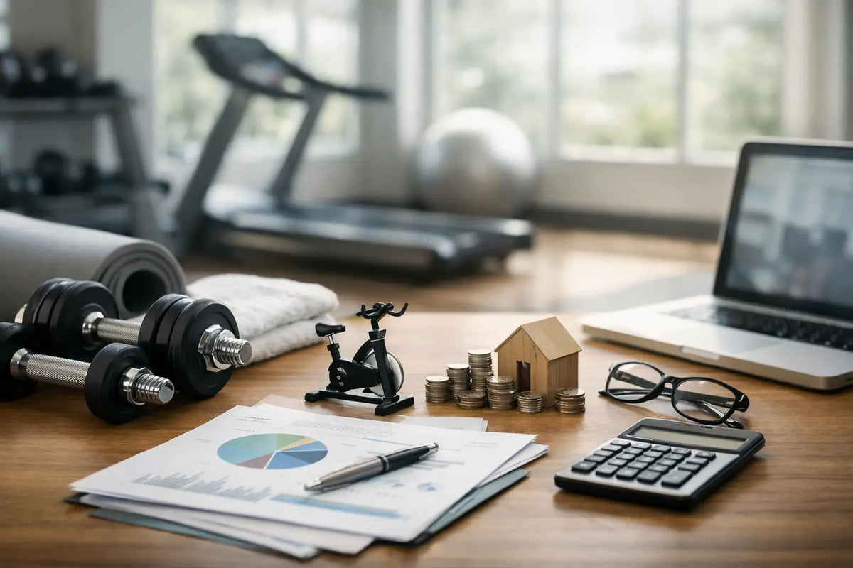 Home gym equipment beside stacked coins, a model house, and financial charts — representing wellness equipment financing planning