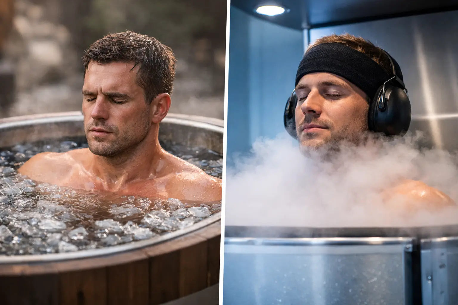 Split image comparing cold plunge immersion and whole-body cryotherapy, illustrating two approaches to cold recovery