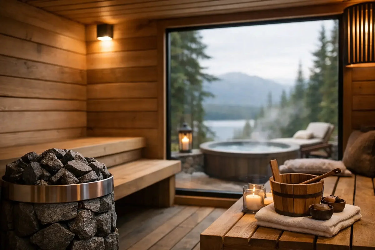 Wood-paneled sauna interior with stacked heater stones, a floor-to-ceiling window overlooking a lake and mountains, and an outdoor wood-fired hot tub with steam rising