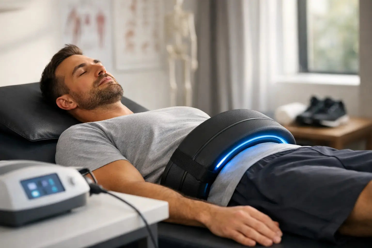 Man using a PEMF therapy device for recovery while relaxing