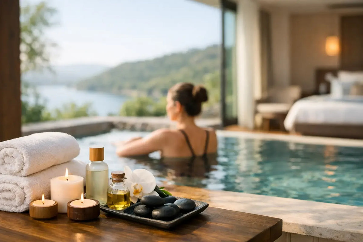 Guest soaking in a private plunge pool with lake views outside a boutique hotel suite, with spa candles and towels