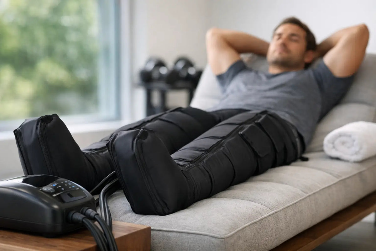 Man using compression boots for recovery while relaxing on a lounge chair