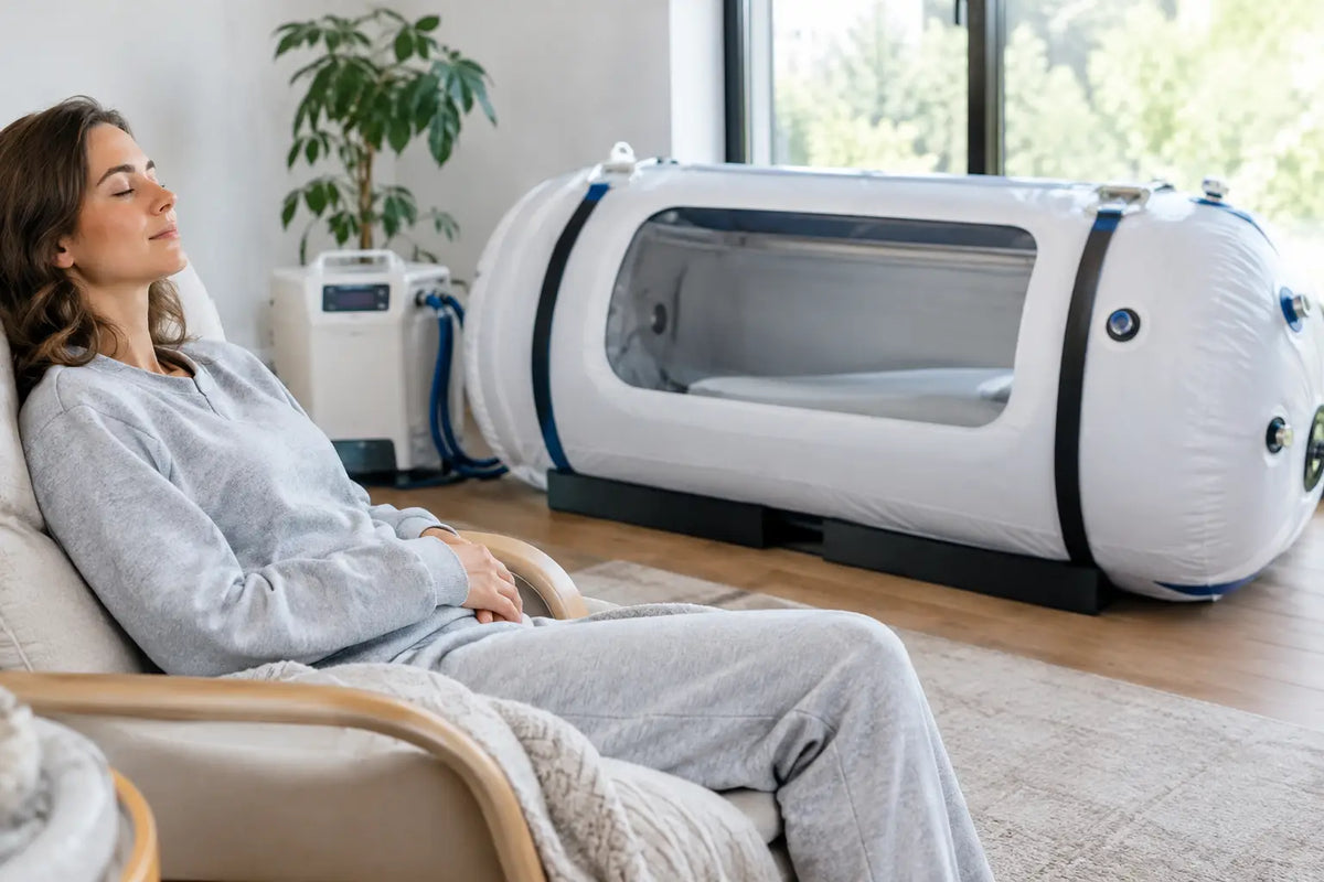 Woman relaxing beside a soft-shell hyperbaric chamber in a home recovery room