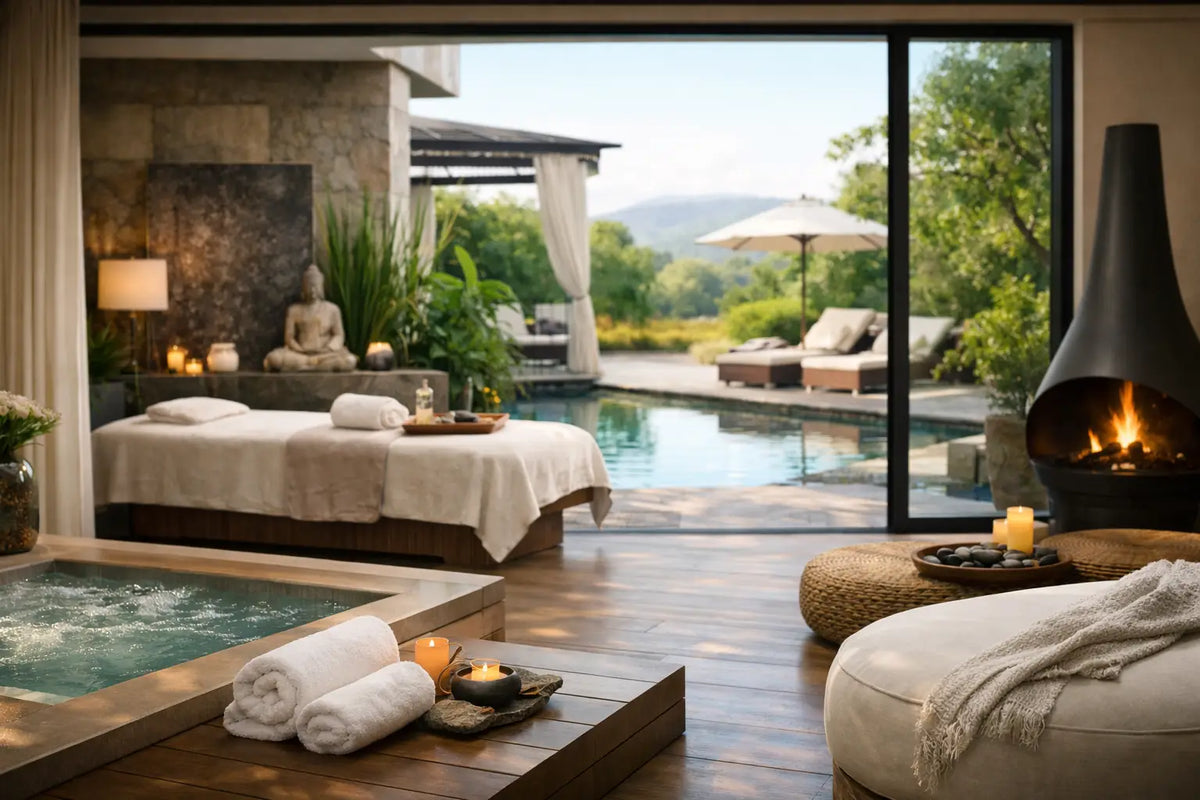 Luxury wellness sanctuary with a massage table, heated soaking pool, fireplace and poolside view