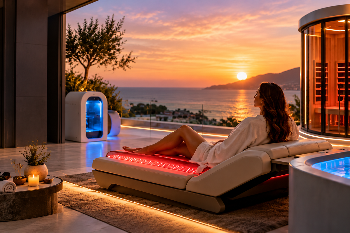 Luxury longevity wellness space featuring red light therapy, sauna and advanced recovery technology at sunset