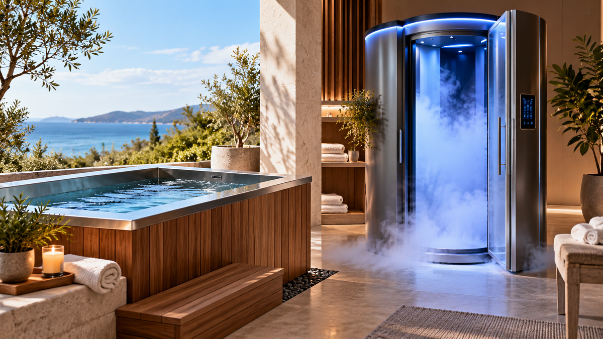 Luxury cold plunge tub beside a modern whole-body cryotherapy chamber in a wellness spa, illustrating the differences between cold water immersion and cryotherapy.