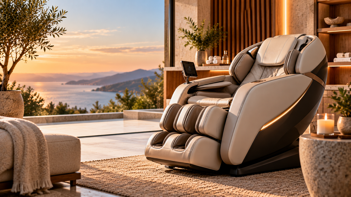 Luxury full-body massage chair with zero-gravity reclining design, foot and calf massage features, and digital controls in an elegant home wellness space overlooking the ocean.