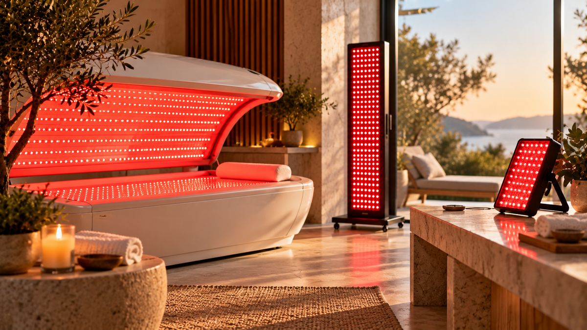 Luxury red light therapy bed with full-body LED panels and portable red light therapy devices in a modern wellness spa, showcasing different options for home and professional use.