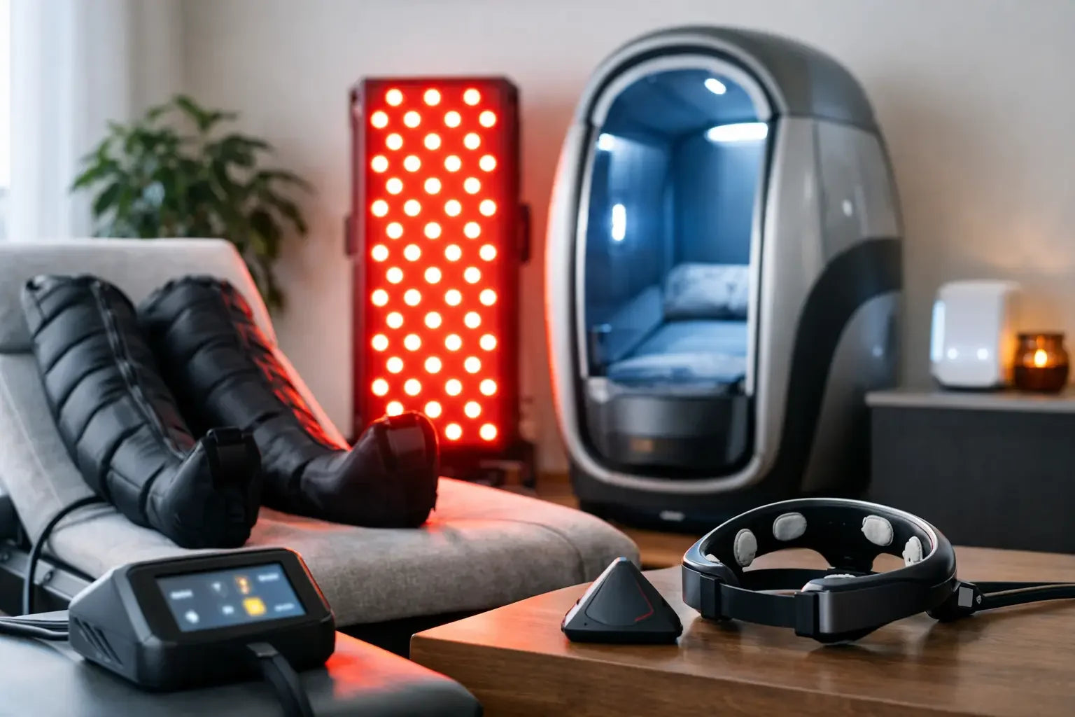 Biohacking recovery equipment including compression boots, red light therapy, and a recovery pod