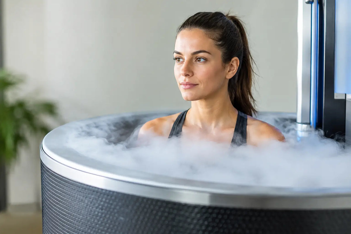 Person standing inside a whole-body cryotherapy chamber with cold vapor rising around the shoulders