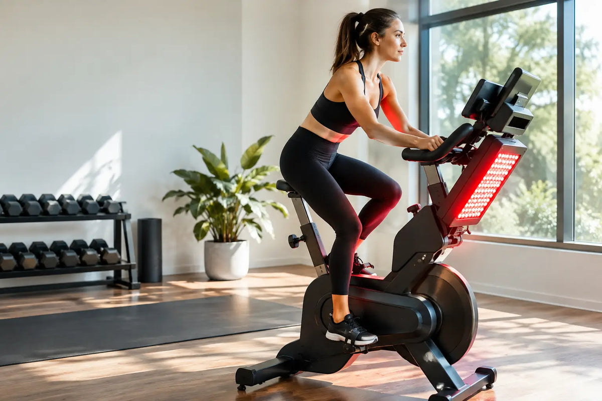 Woman riding an infrared exercise bike with a glowing red light panel in a bright home gym