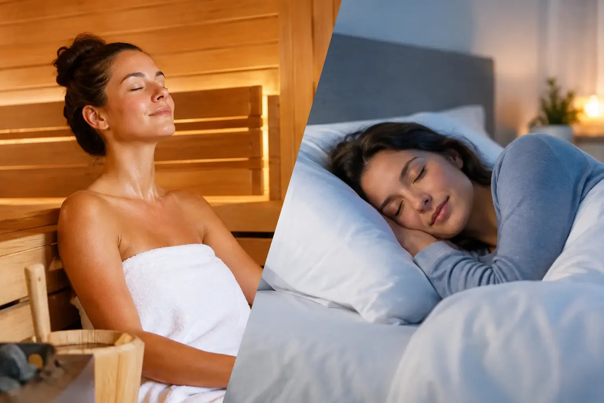 Woman relaxing in a wooden sauna beside a woman sleeping peacefully in bed, showing how sauna timing can improve sleep