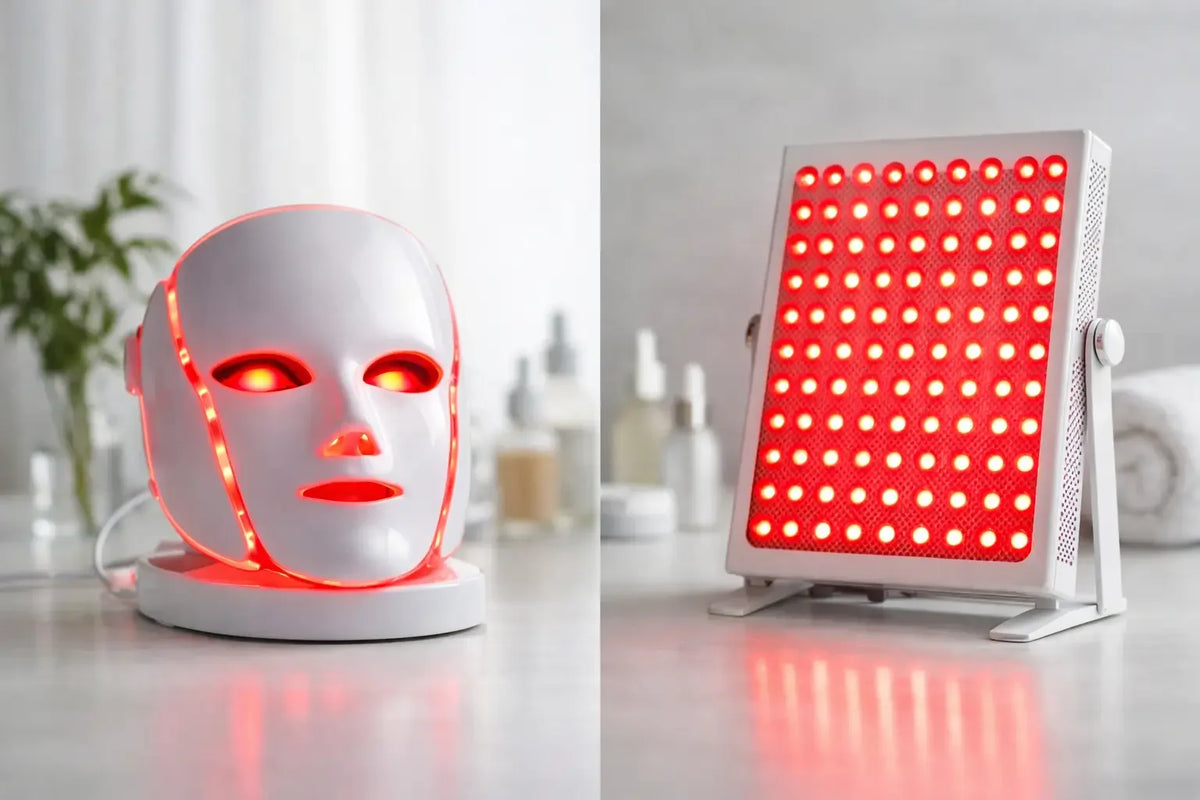 Red light therapy mask versus red light therapy panel, side-by-side comparison of at-home treatment devices