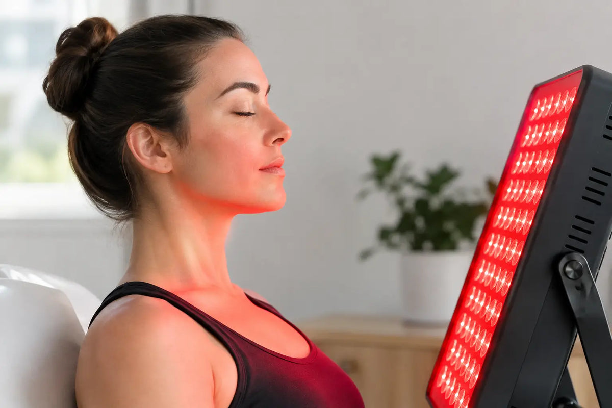 Woman using a red light therapy panel on her neck and chest to support recovery at home