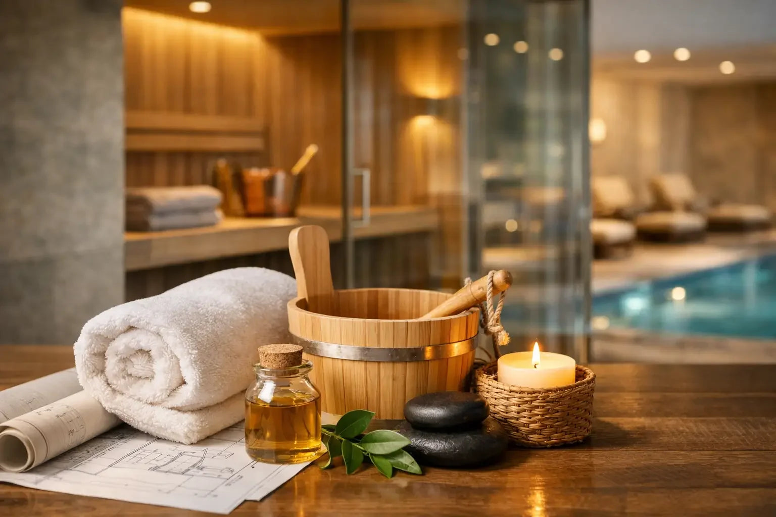 Sauna spa essentials and floor plans on a table, with a hotel pool area in the background
