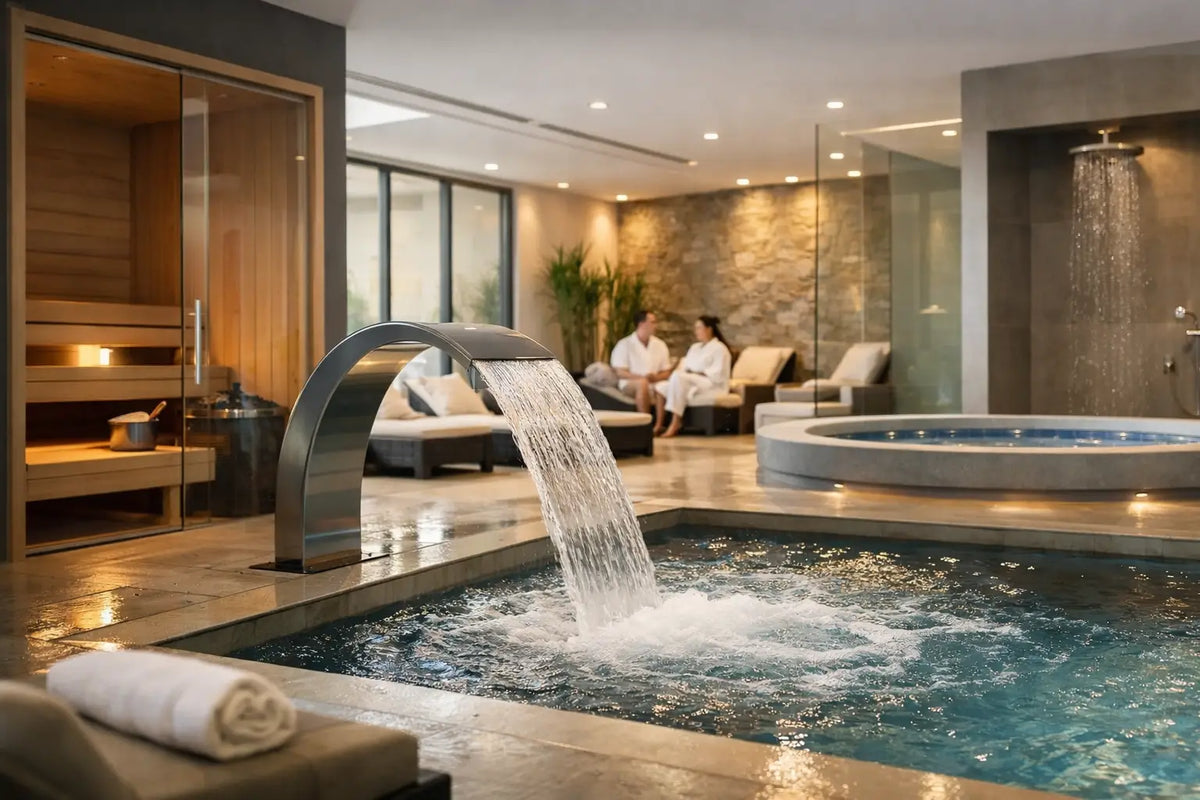 Commercial spa hydrotherapy pool with waterfall feature, sauna, and hot tub, guests relaxing in a hotel wellness lounge"