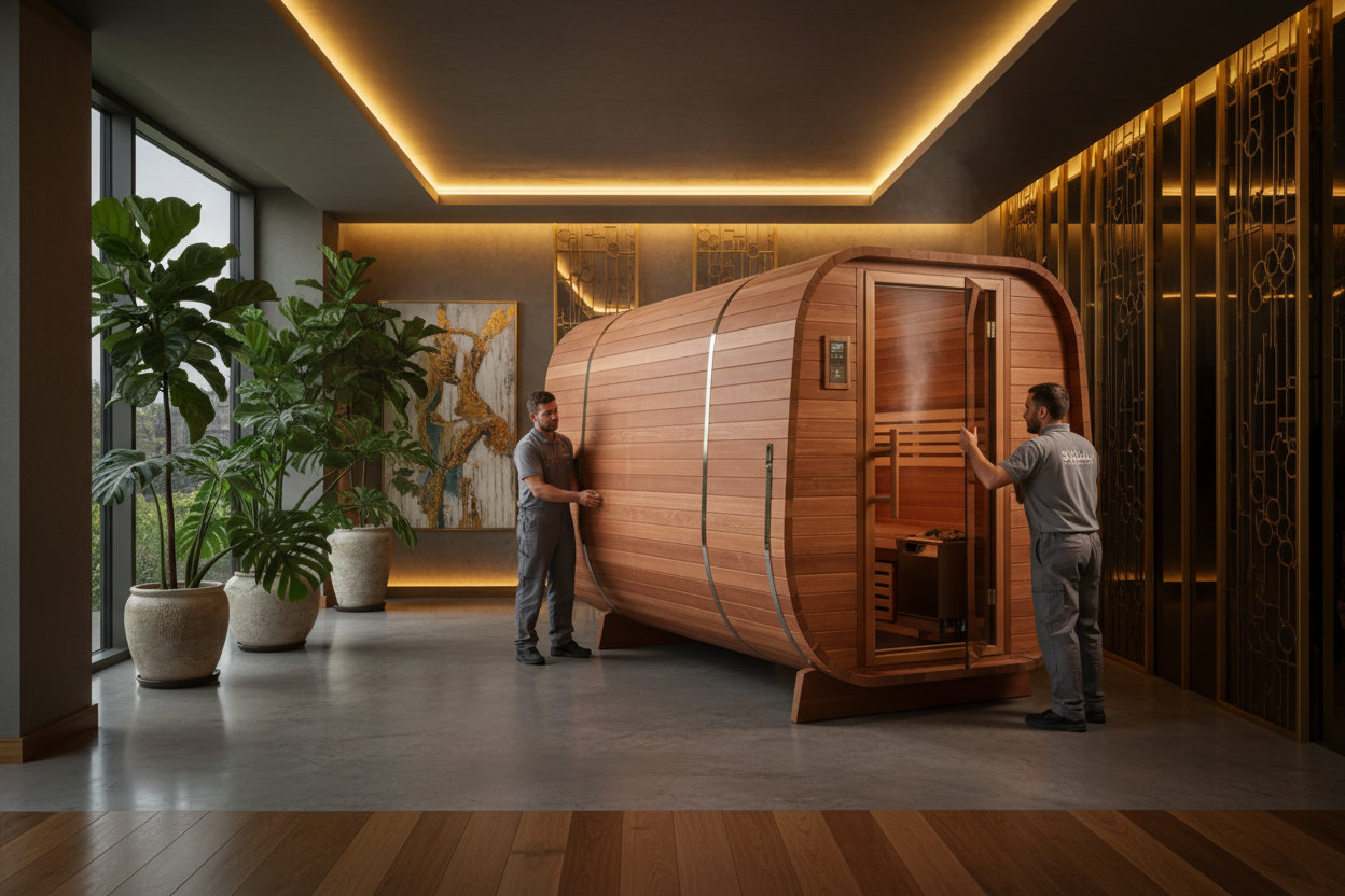Professional installation of a custom luxury sauna during a white glove delivery