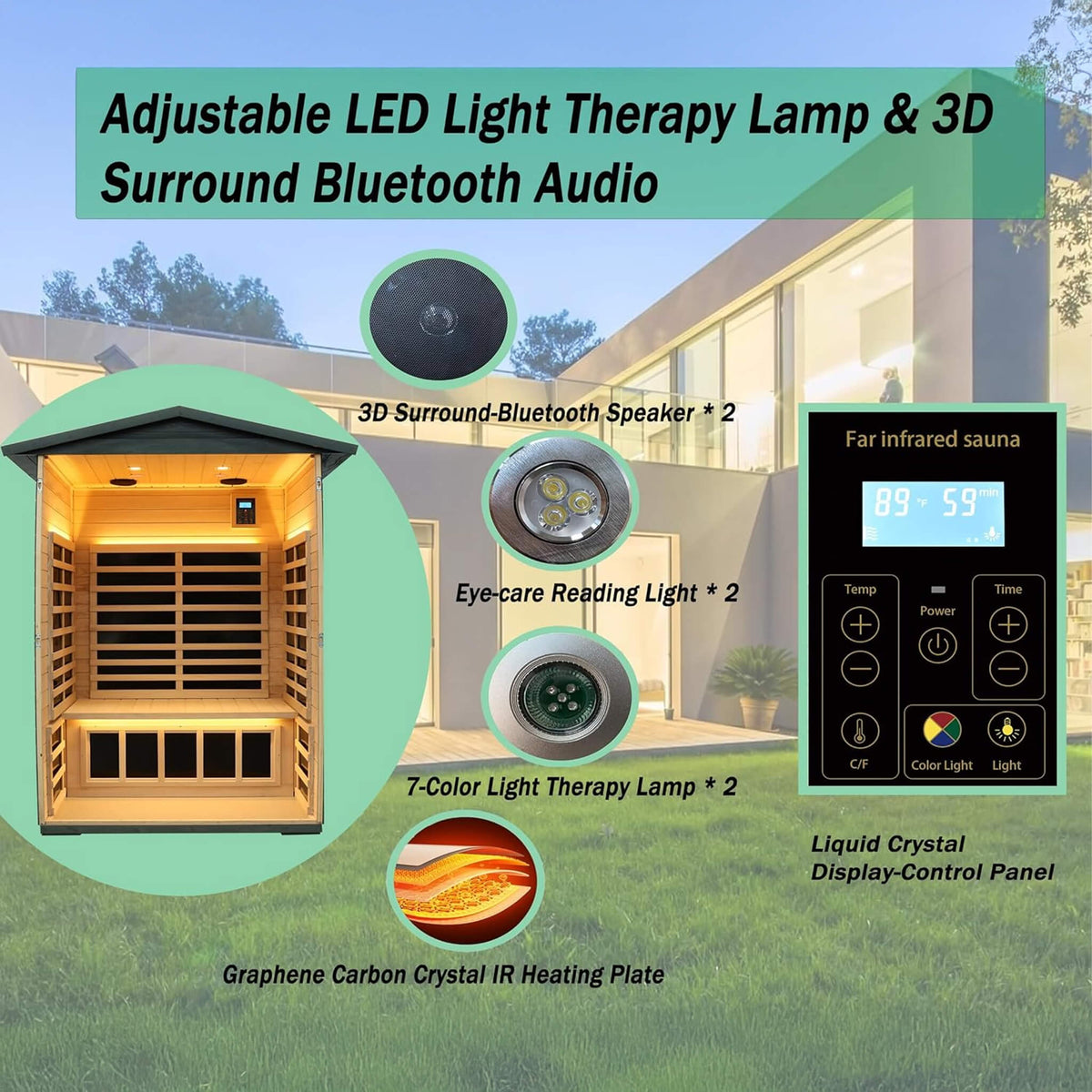 Thermora Riva Premium 2-Person Black Carbonized Walnut Low EMF Far Infrared Outdoor Sauna With Bluetooth Audio And LED Lighting