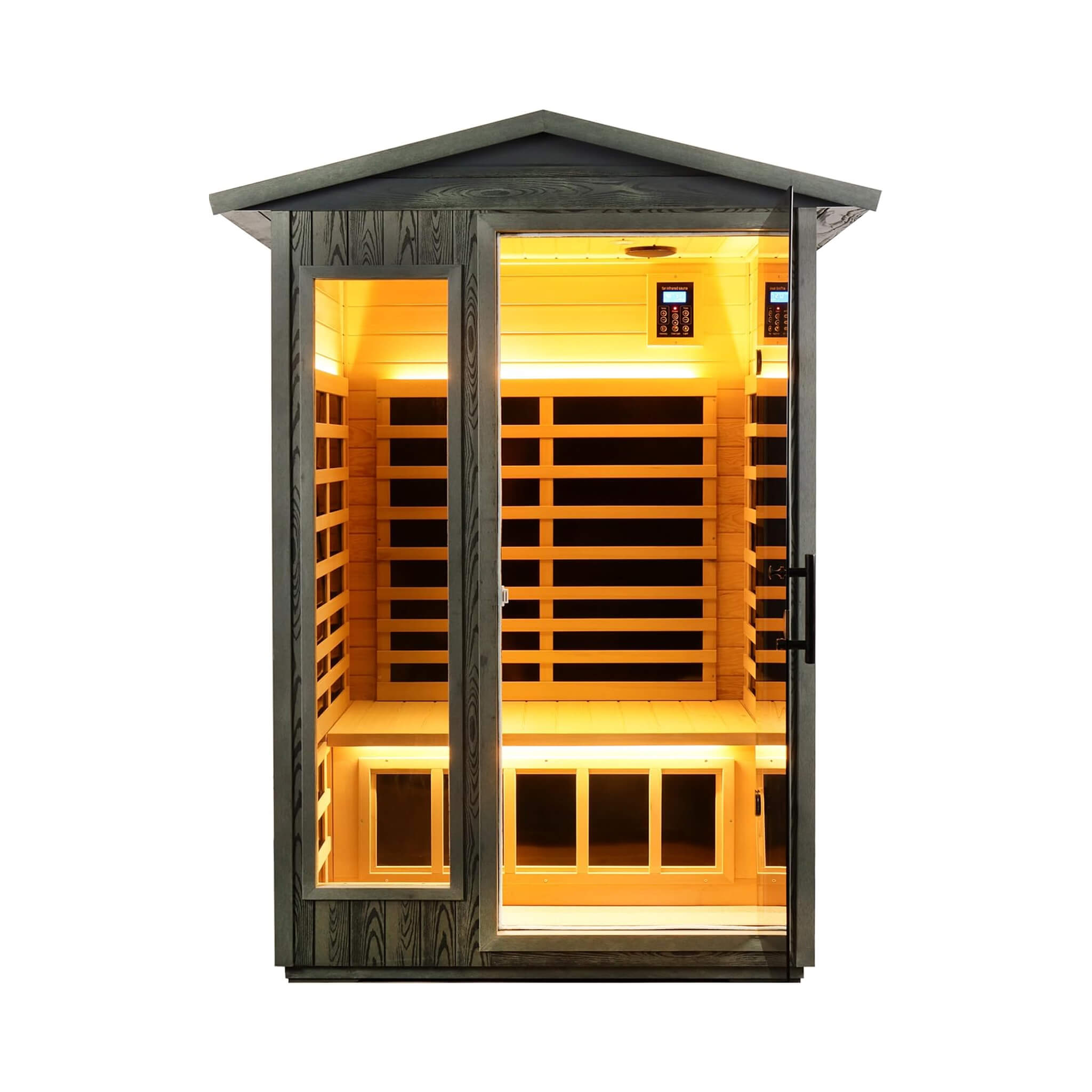 Thermora Riva Premium 2-Person Black Carbonized Walnut Low EMF Far Infrared Outdoor Sauna With Bluetooth Audio And LED Lighting