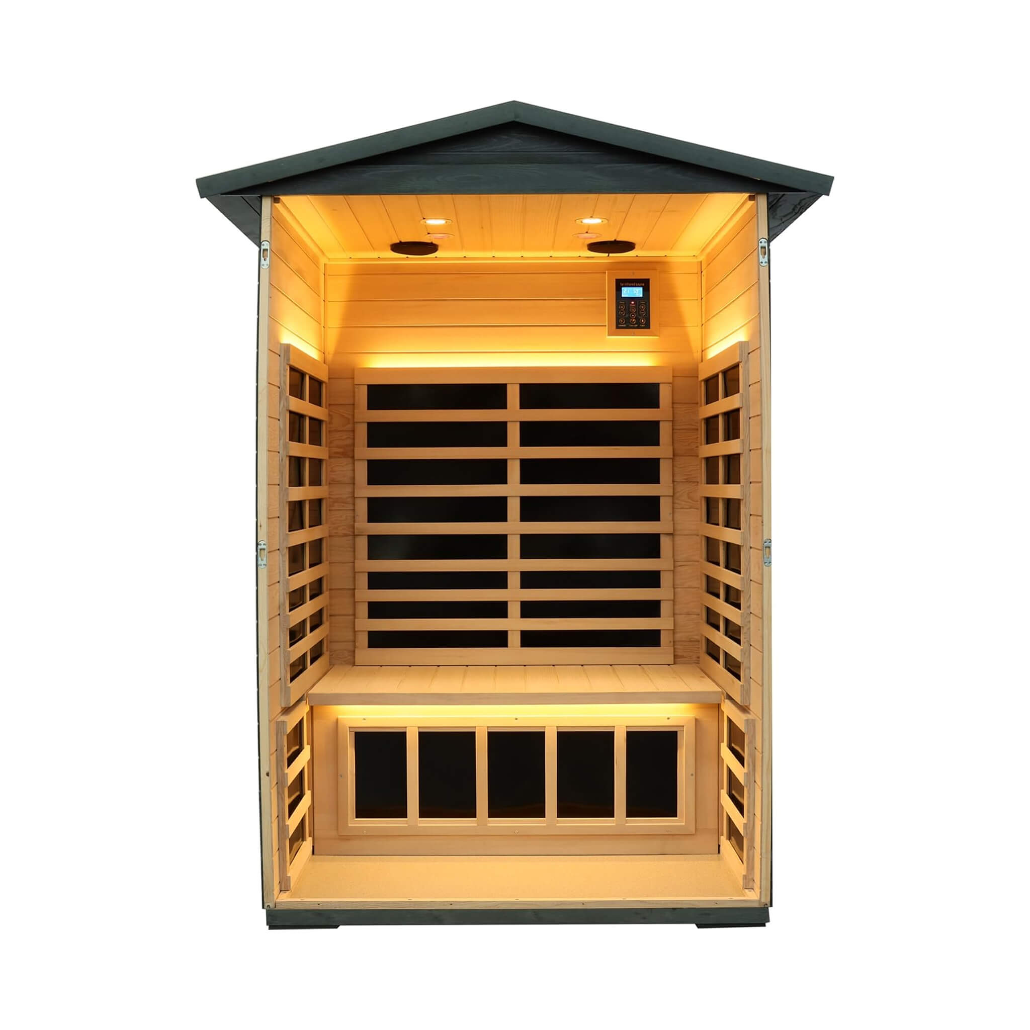 Thermora Riva Premium 2-Person Black Carbonized Walnut Low EMF Far Infrared Outdoor Sauna With Bluetooth Audio And LED Lighting