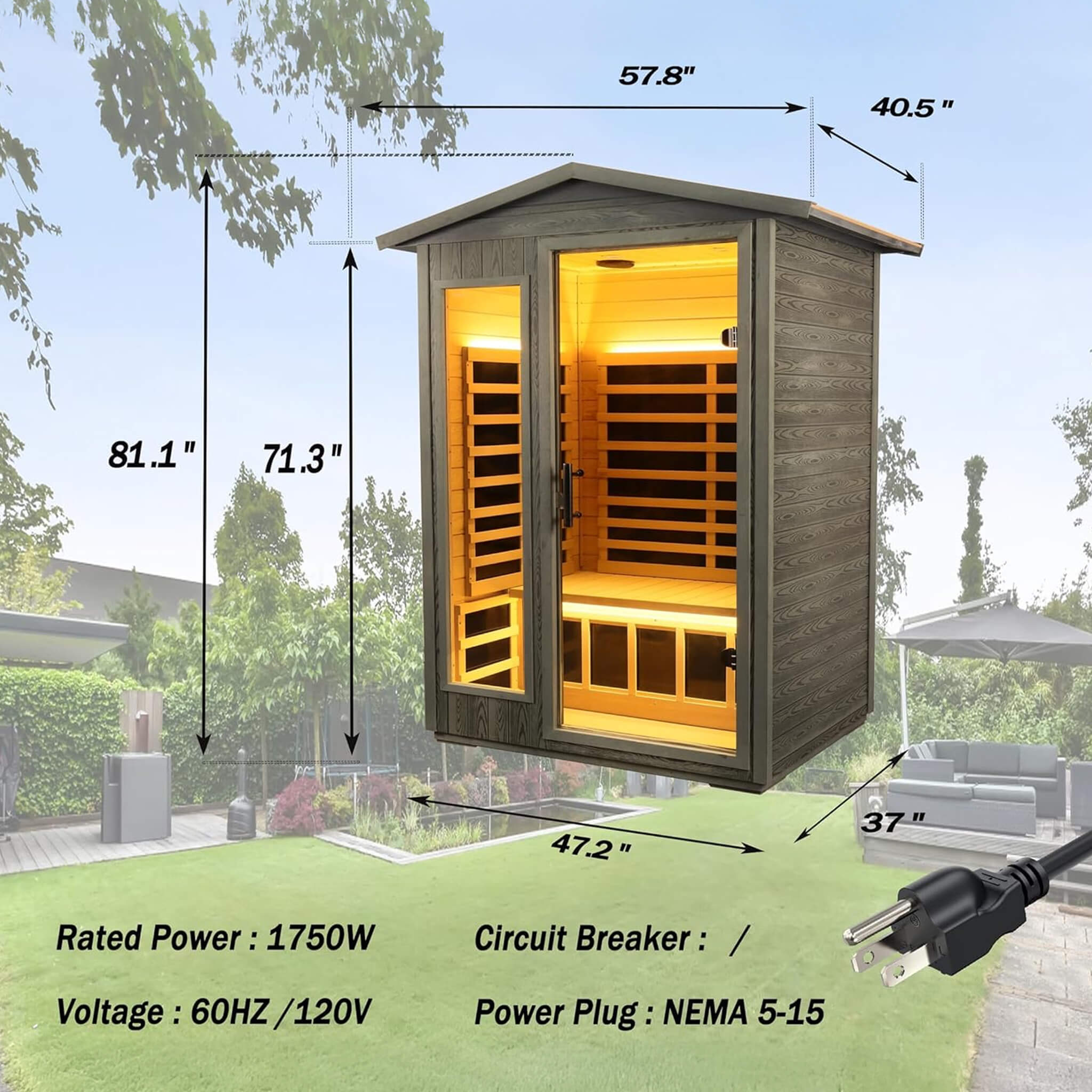 Thermora Riva Premium 2-Person Black Carbonized Walnut Low EMF Far Infrared Outdoor Sauna With Bluetooth Audio And LED Lighting
