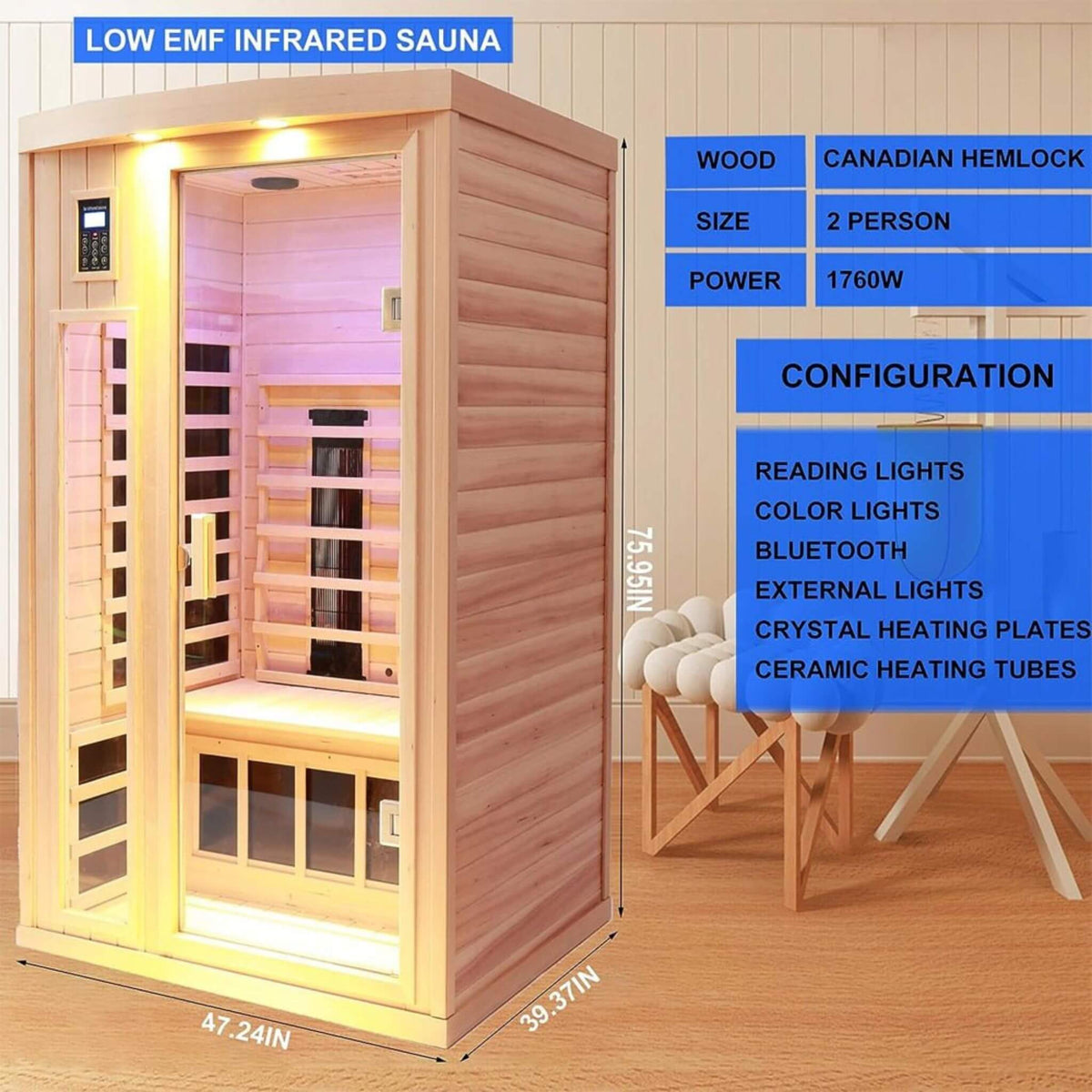 Thermora Orien Premium 2-Person Low EMF FAR-Infrared Heat Wood Home Personal Spa Sauna With Ceramic Heaters, 1760W