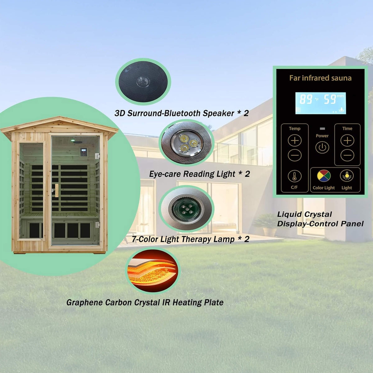 Thermora Vexa Luxury 2-Person Outdoor Low EMF Hemlock Infrared Sauna With Bluetooth And Chromotherapy Light