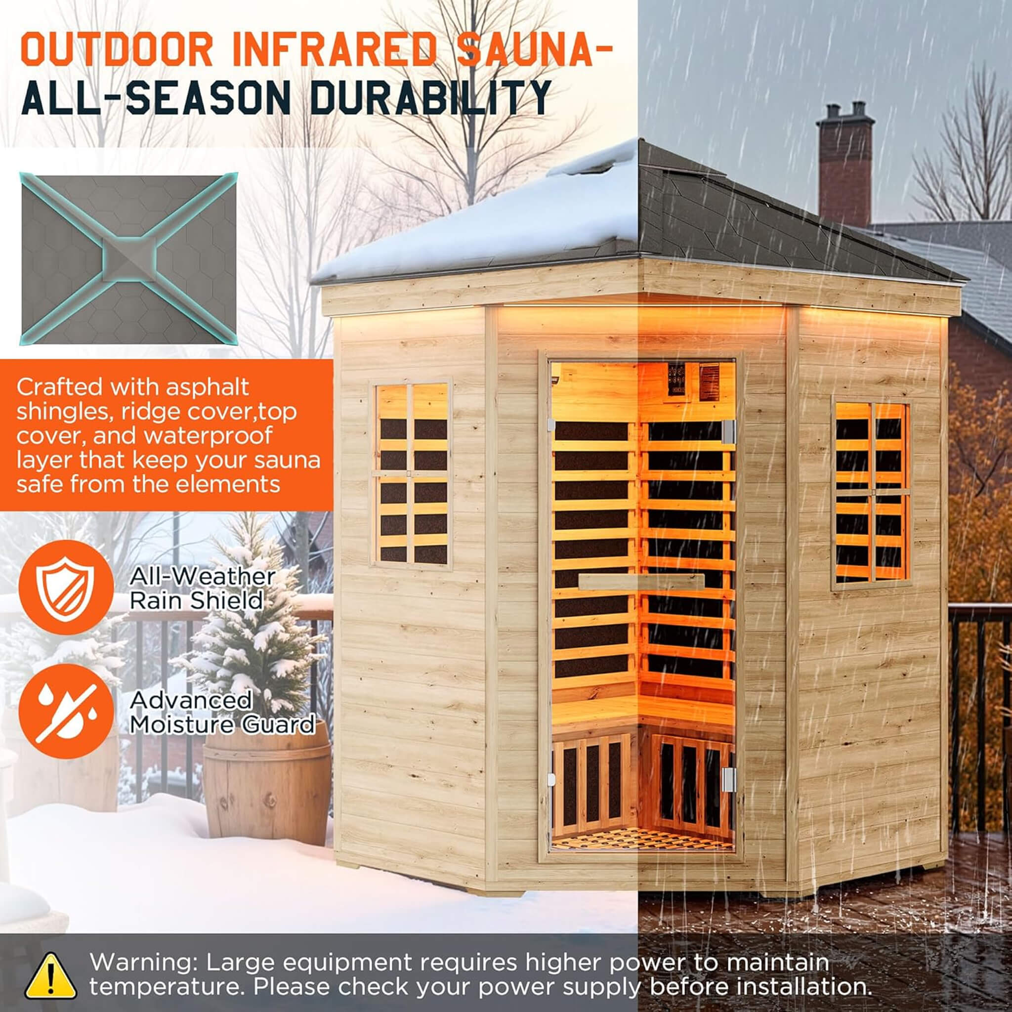 Thermora Monaco 4-Person Low EMF Spruce Wood Outdoor Infrared Sauna With Bluetooth Speakers And LED Lights