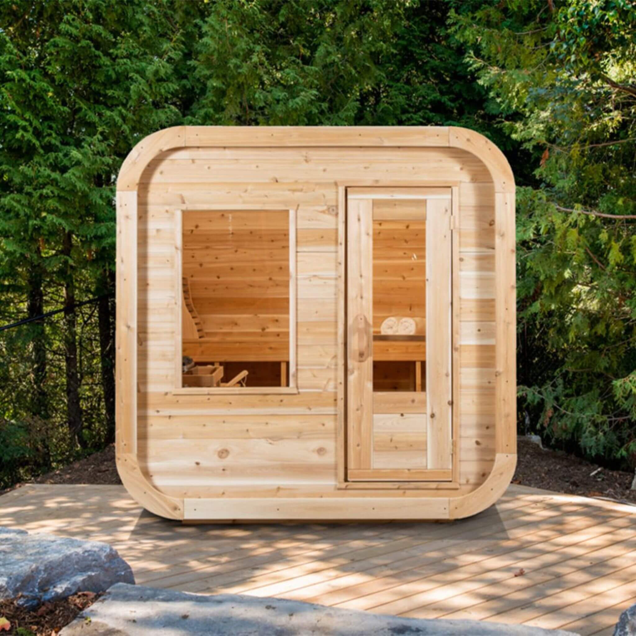 Dundalk Leisurecraft 4-Person Canadian Timber Luna Cube Sauna With Sloped Roof and Front Window