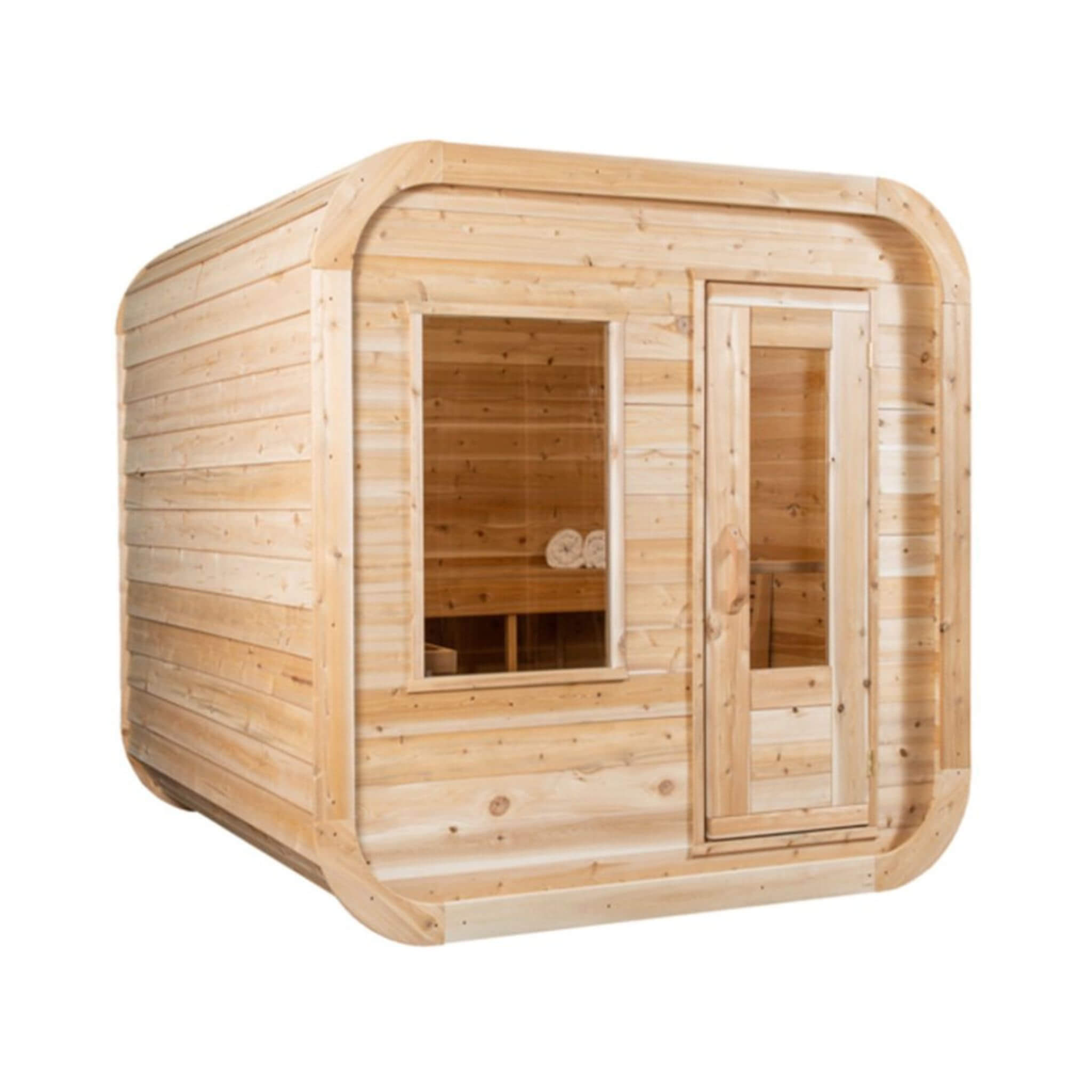 Dundalk Leisurecraft 4-Person Canadian Timber Luna Cube Sauna With Sloped Roof and Front Window
