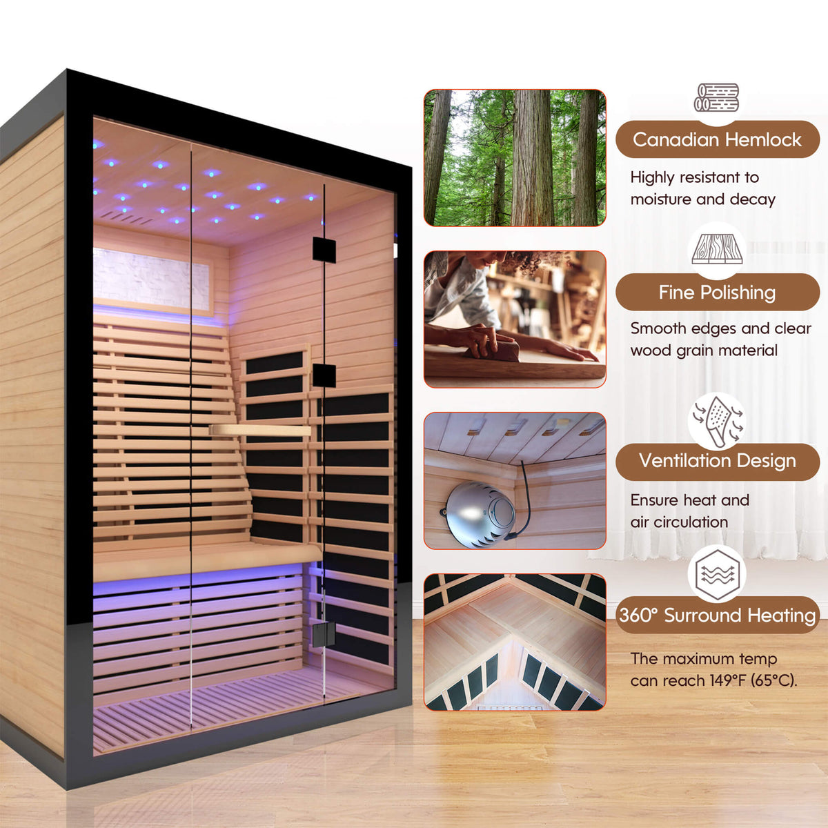 Thermora Flux Luxury 2-Person Canadian Hemlock Wood Far Infrared Home Sauna