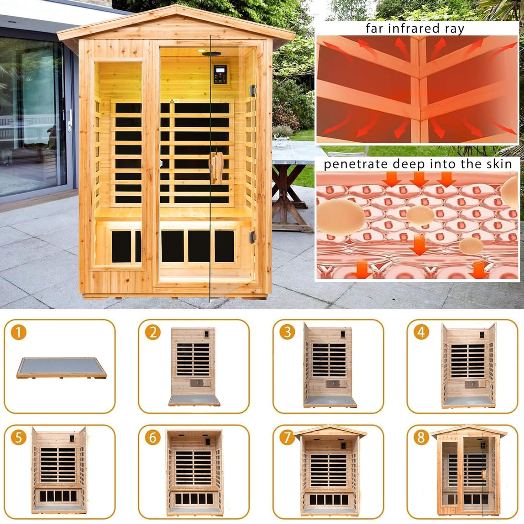Thermora Zorin Premium 2-Person Indoor Outdoor Low EMF FAR-Infrared Hemlock Wood Personal Home Sauna Spa, 1750W