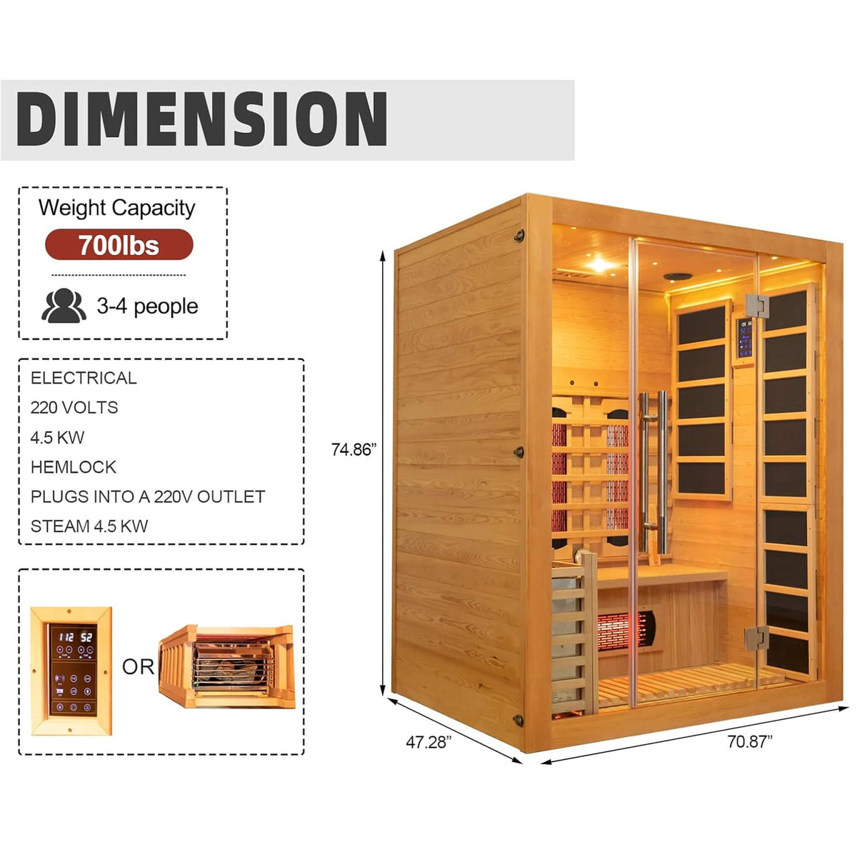 Rövia Aurora 3-Person Indoor Hybrid Sauna Room With Infrared And 4.5KW Steam Heater [Made-To-Order]