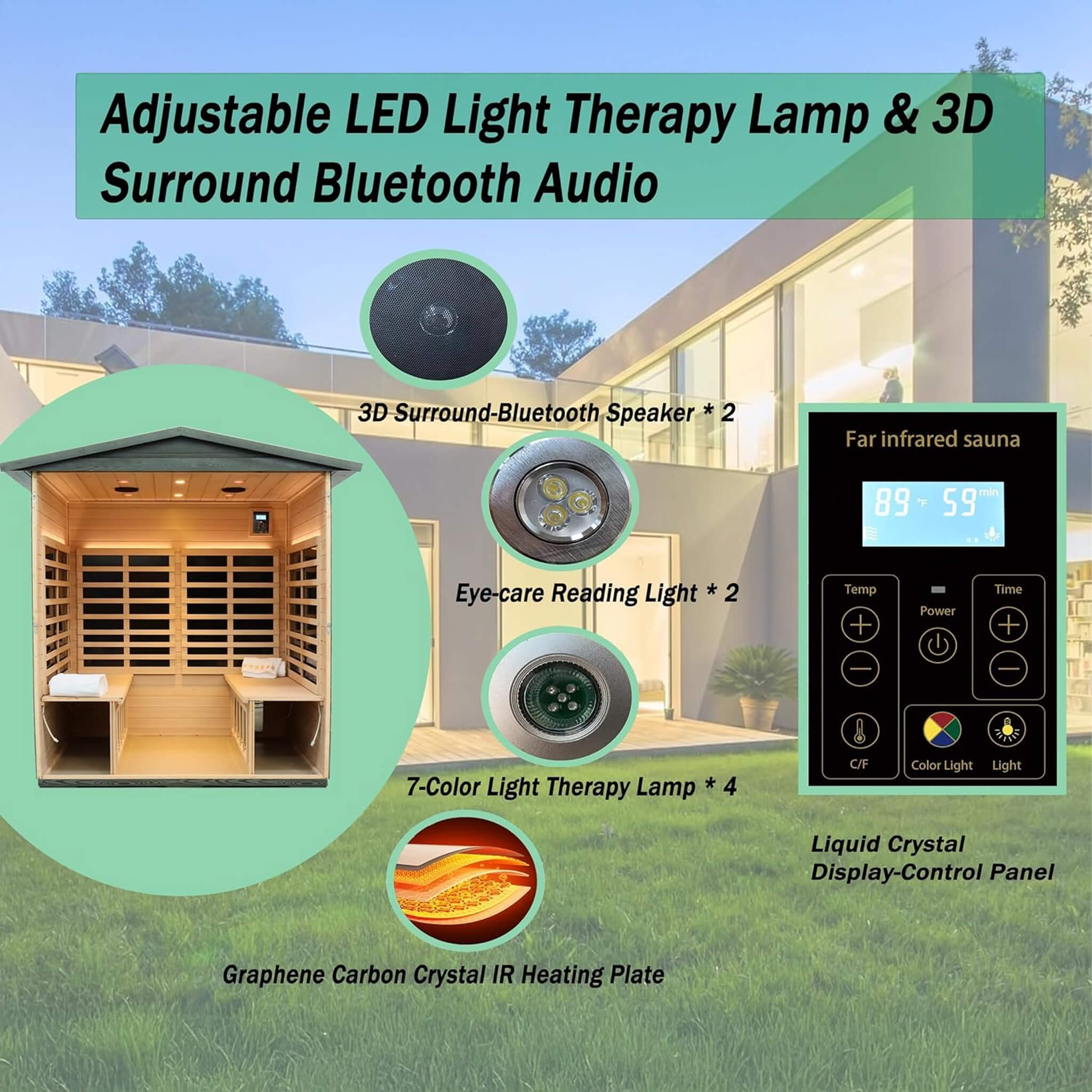 Thermora Eterna 4-Person Full-Spectrum Low EMF Carbonized Composite Infrared Sauna Room With Bluetooth Speakers