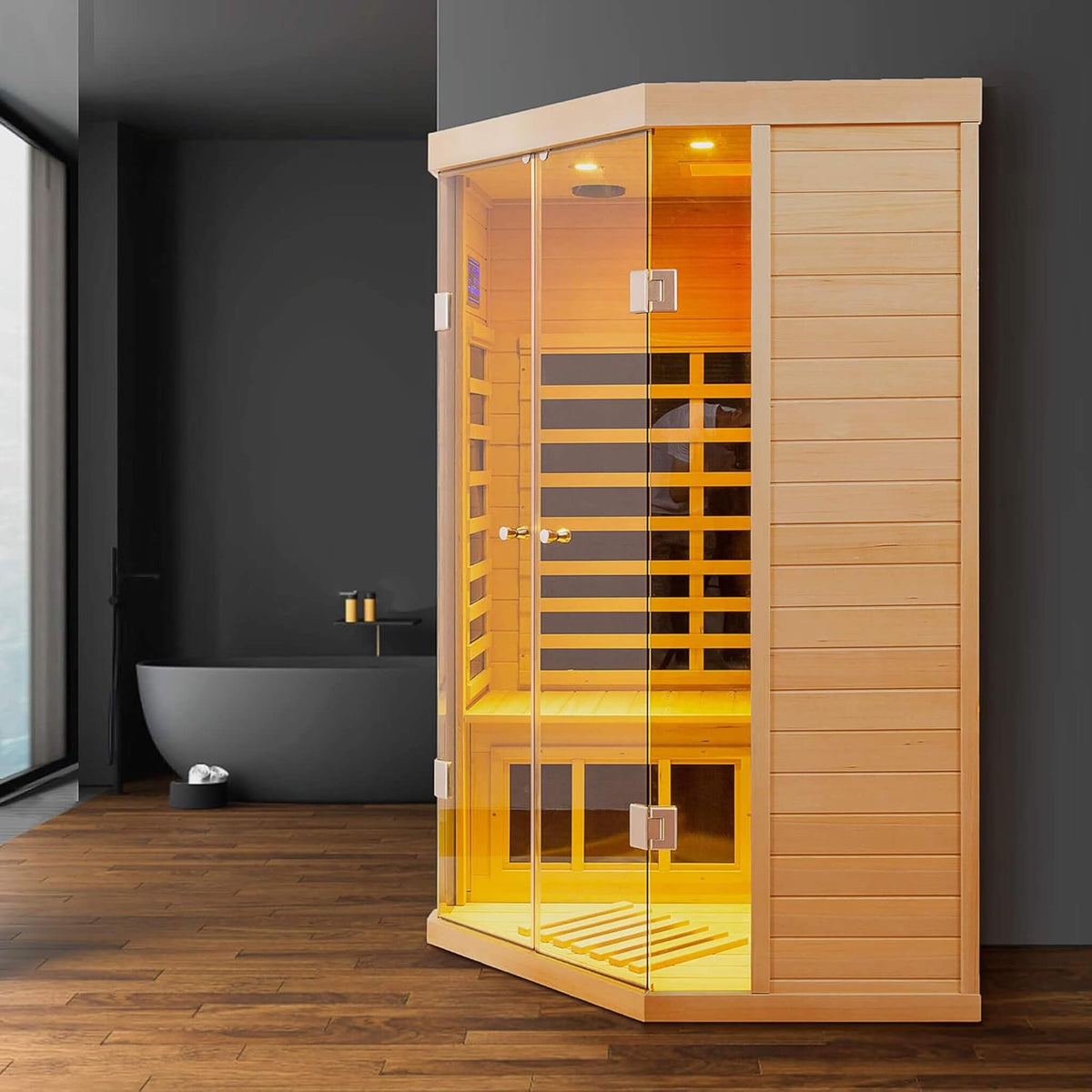 Thermora Laurent Premium 2-Person 1600W Corner Space Infrared Wooden Sauna Room With Bluetooth Speakers