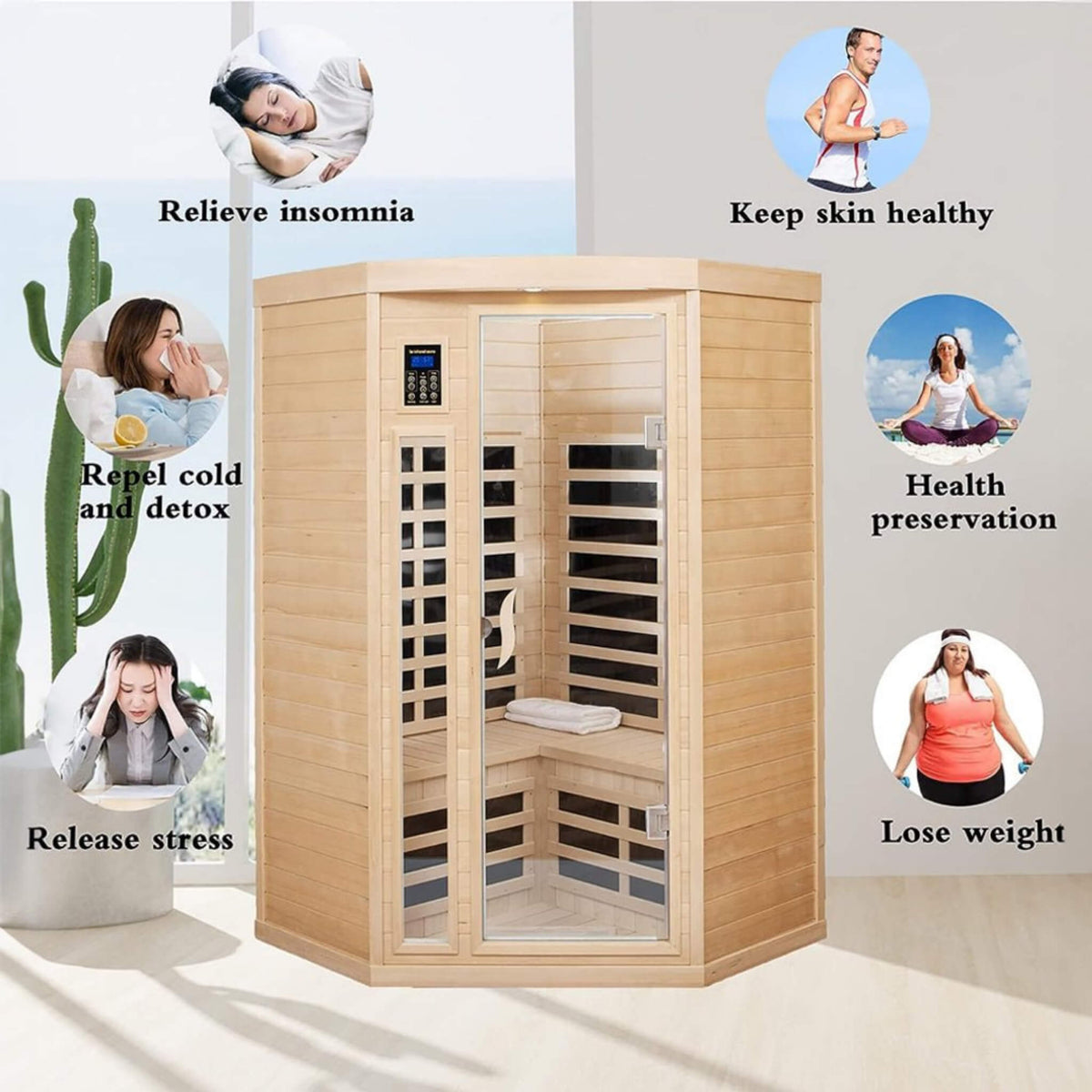 Thermora Laurent Premium 2-Person 1600W Corner Space Infrared Wooden Sauna Room With Bluetooth Speakers
