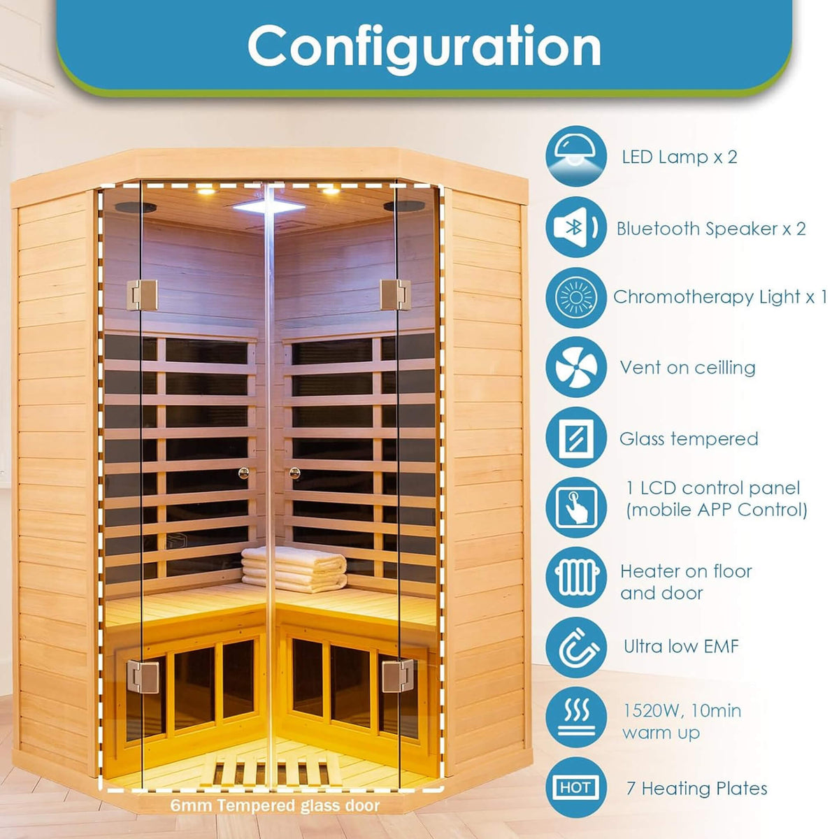Thermora Laurent Premium 2-Person 1600W Corner Space Infrared Wooden Sauna Room With Bluetooth Speakers