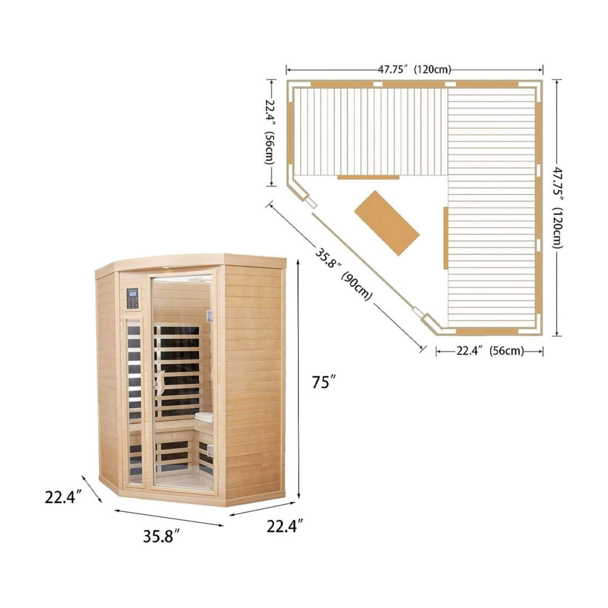 Thermora Laurent Premium 2-Person 1600W Corner Space Infrared Wooden Sauna Room With Bluetooth Speakers