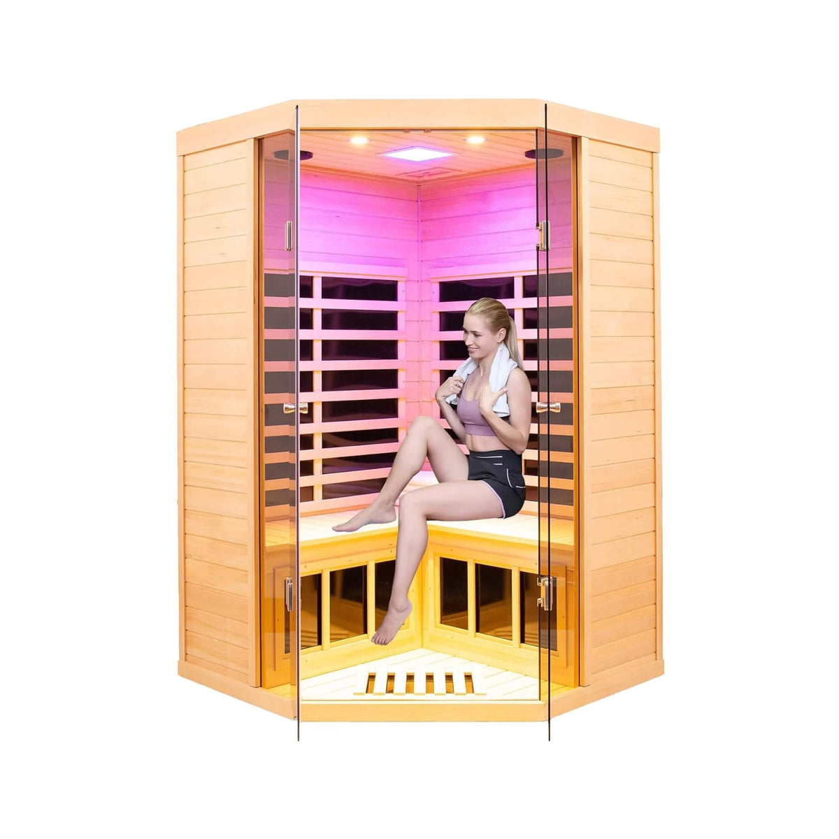 Thermora Laurent Premium 2-Person 1600W Corner Space Infrared Wooden Sauna Room With Bluetooth Speakers
