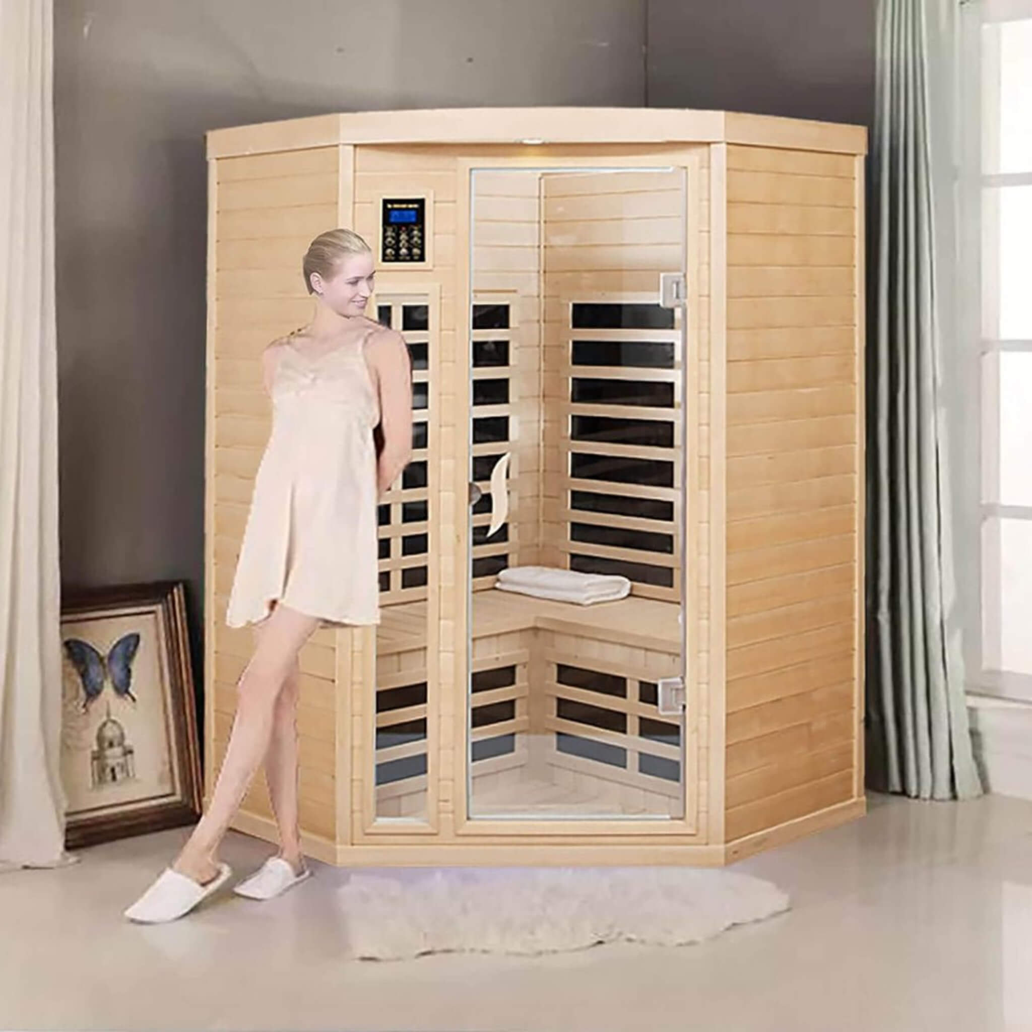 Thermora Laurent Premium 2-Person 1600W Corner Space Infrared Wooden Sauna Room With Bluetooth Speakers